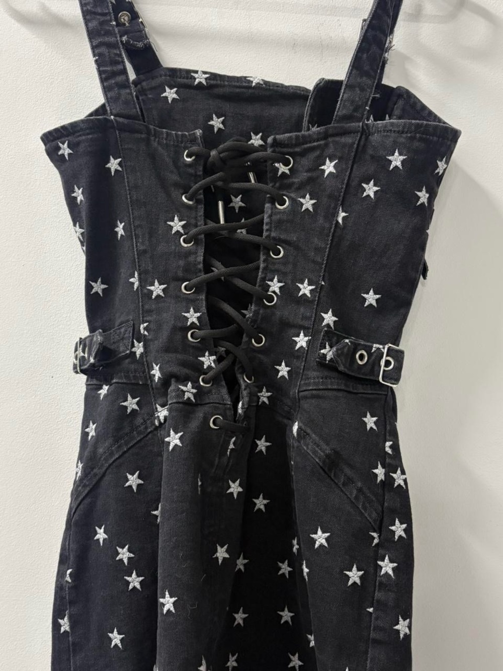Black Star-Print denim Dress with Asymmetric Zip - Picture 6 of 8